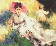 Pierre Renoir Woman with a Parasol and a Small Child on a Sunlit Hillside oil on canvas